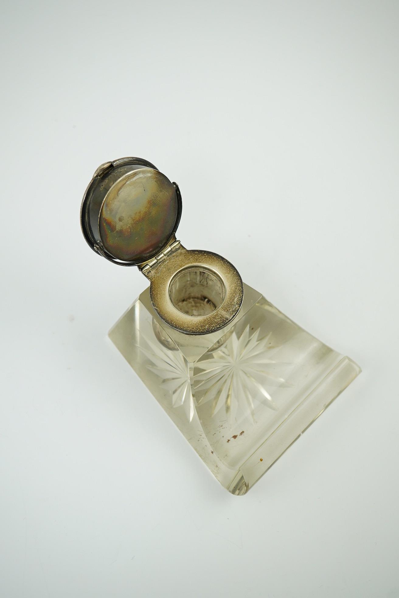 An Edwardian silver watch mounted glass inkwell, maker's mark rubbed